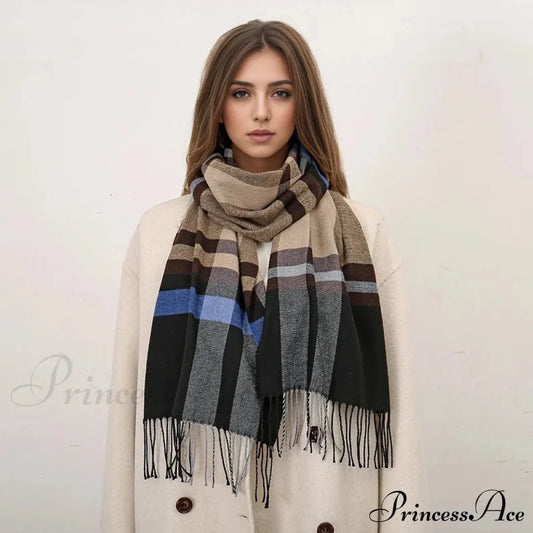 Plaid Print Cashmere Winter Pashmina Scarf - Luxury Travel Essential Scarfs-L