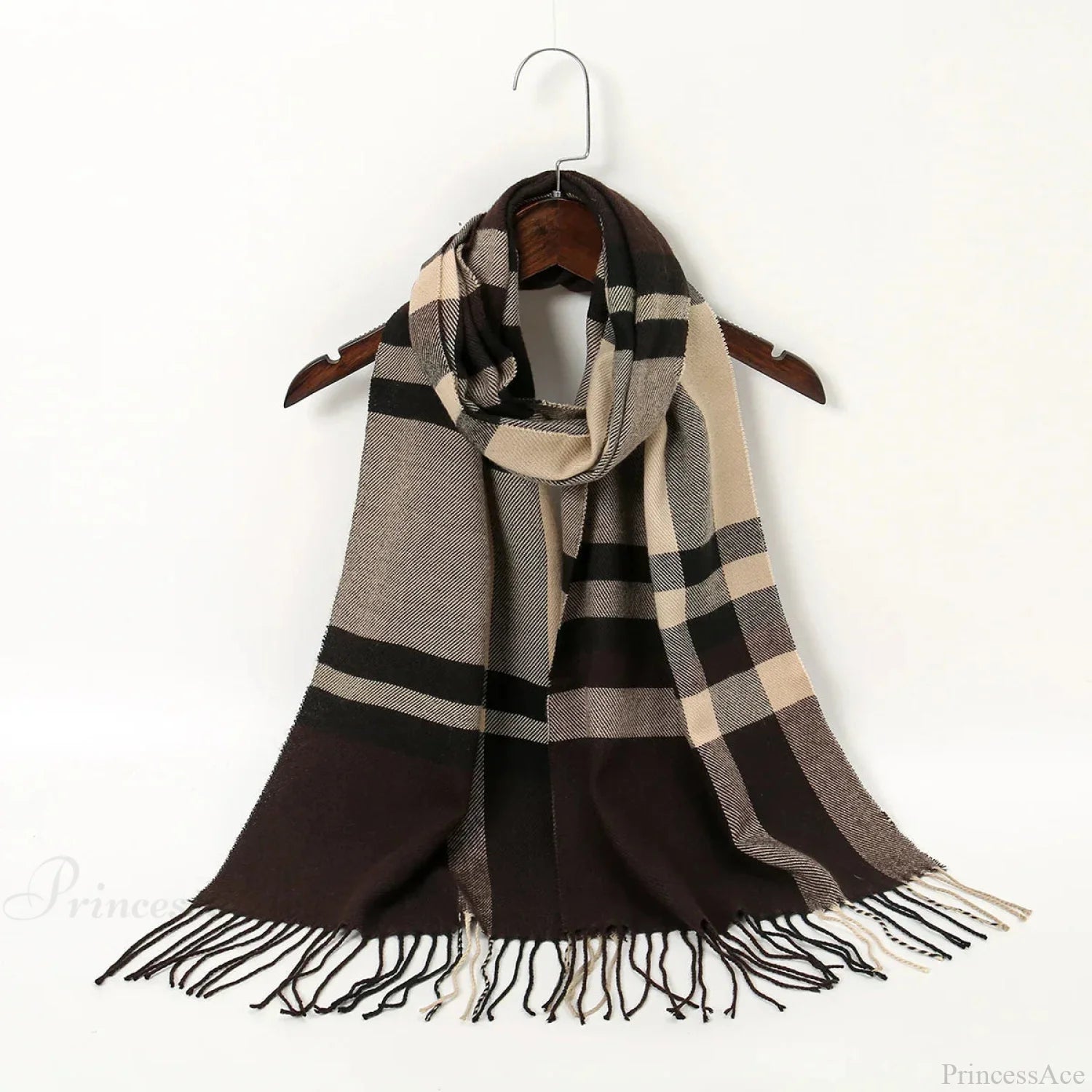 Plaid Print Cashmere Winter Pashmina Scarf With Tassels Apricot Scarfs-L