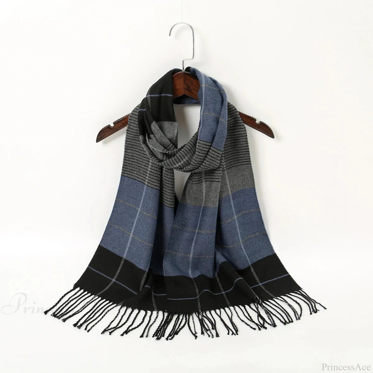 Plaid Print Cashmere Winter Pashmina Scarf With Tassels Blue 2 Scarfs-L