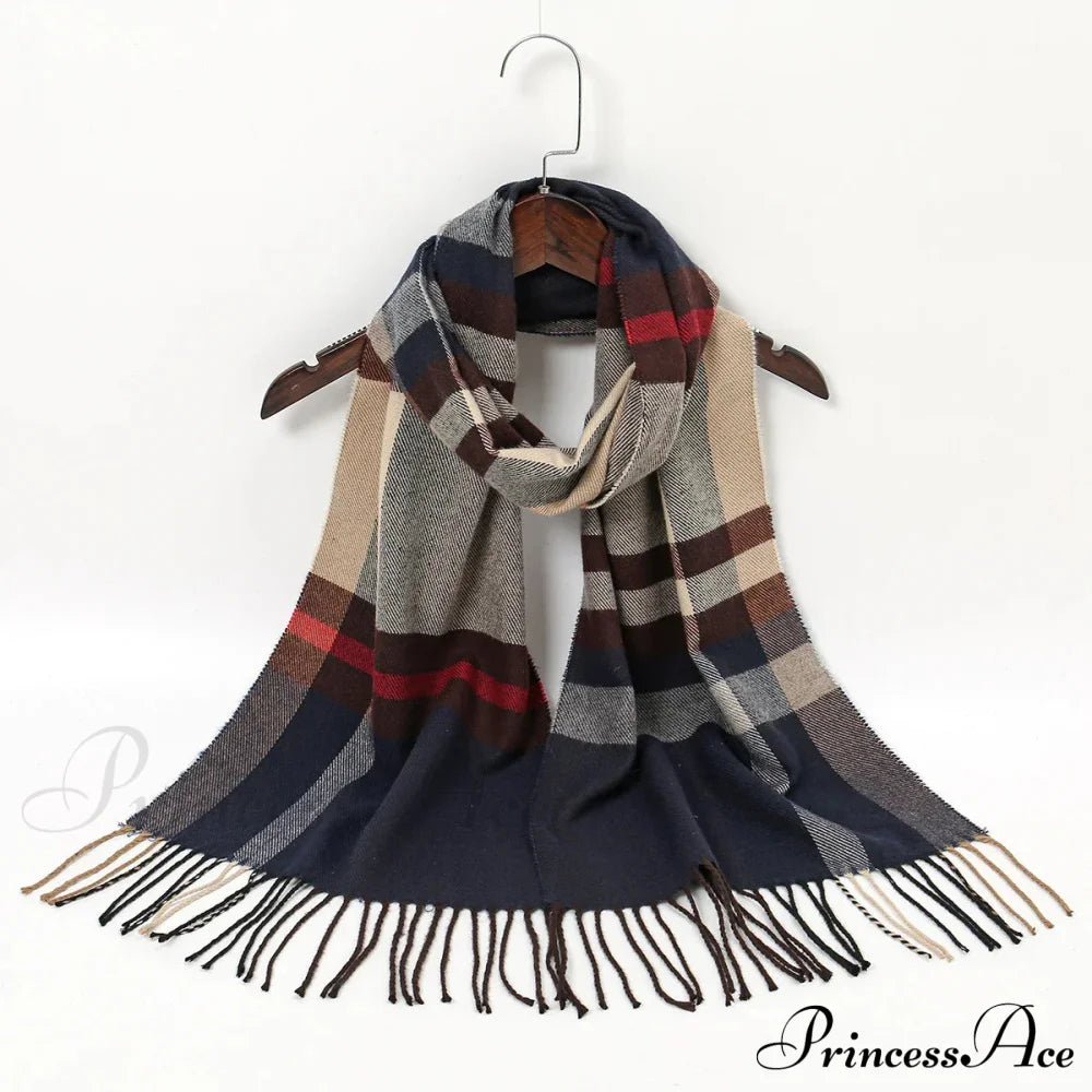 Plaid Print Cashmere Winter Pashmina Scarf With Tassels Red 1 Scarfs-L