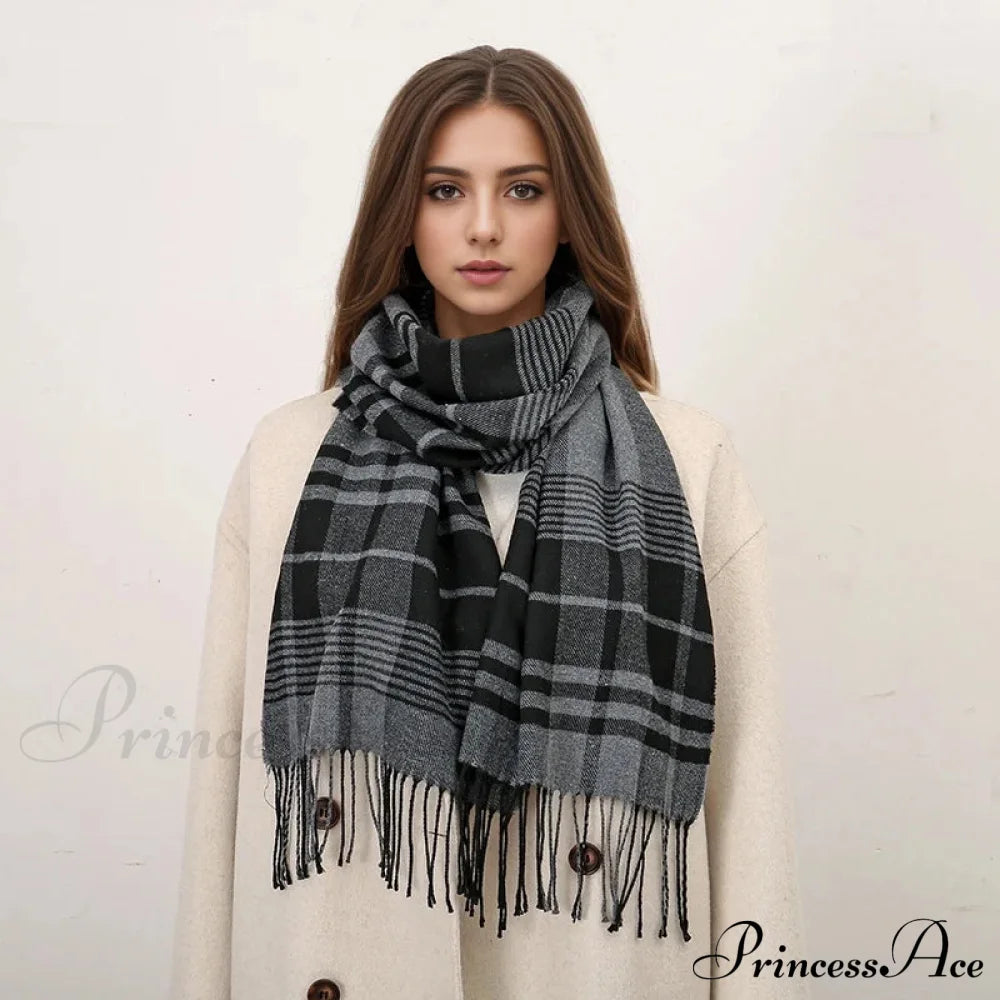 Plaid Print Cashmere Winter Pashmina Scarf With Tassels Scarfs-L