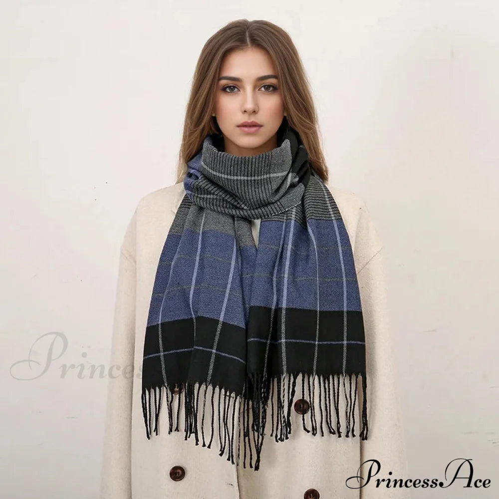 Plaid Print Cashmere Winter Pashmina Scarf With Tassels Scarfs-L