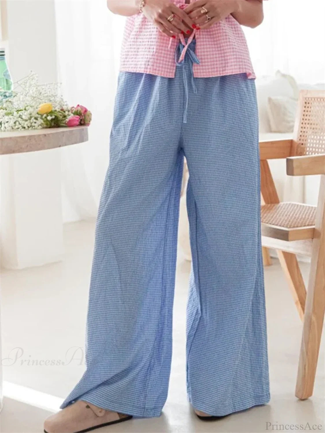 Plaid Print Drawstring Elastic Waist Loose Pant BLUE / S pant-250223