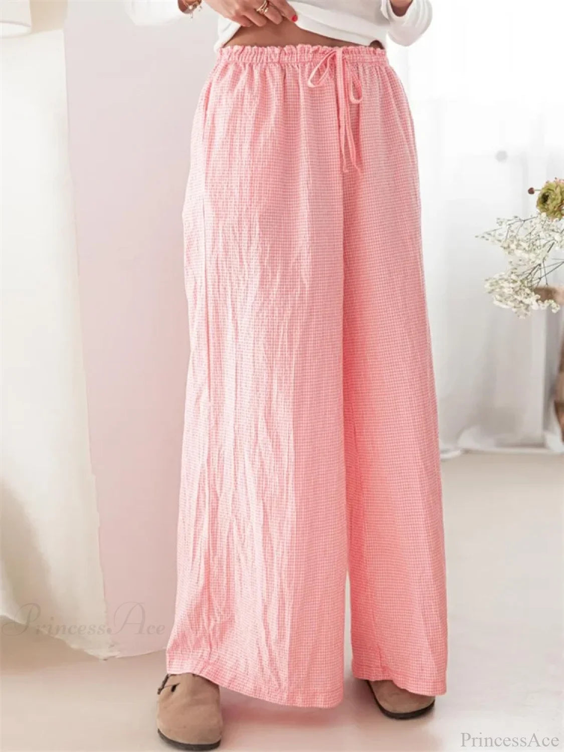 Plaid Print Drawstring Elastic Waist Loose Pant DARKPINK / S pant-250223
