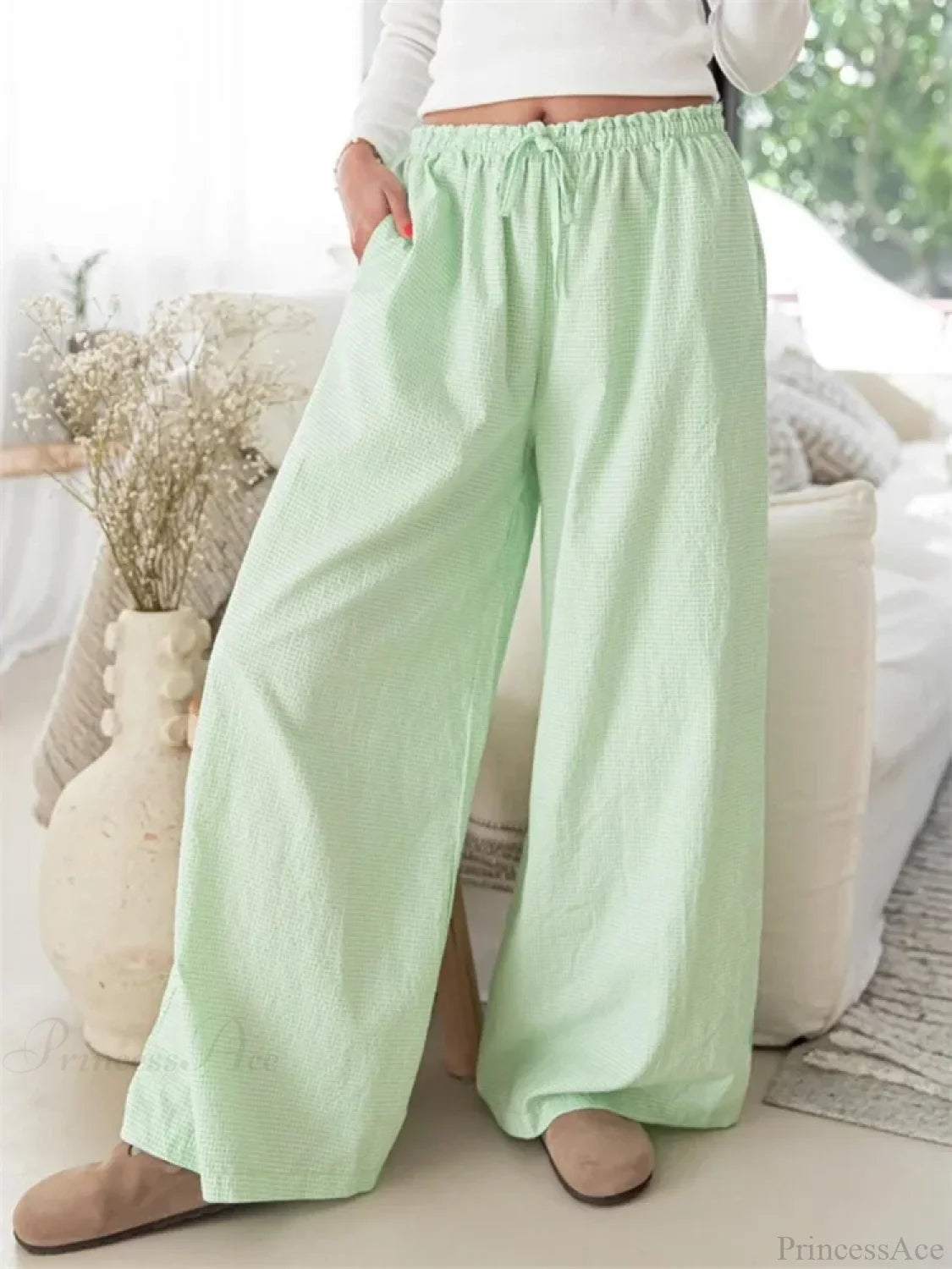 Plaid Print Drawstring Elastic Waist Loose Pant GREEN / S pant-250223