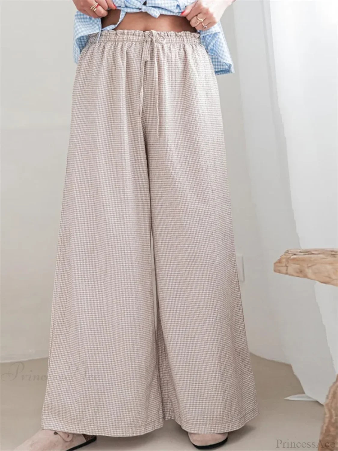 Plaid Print Drawstring Elastic Waist Loose Pant KAHKI / S pant-250223