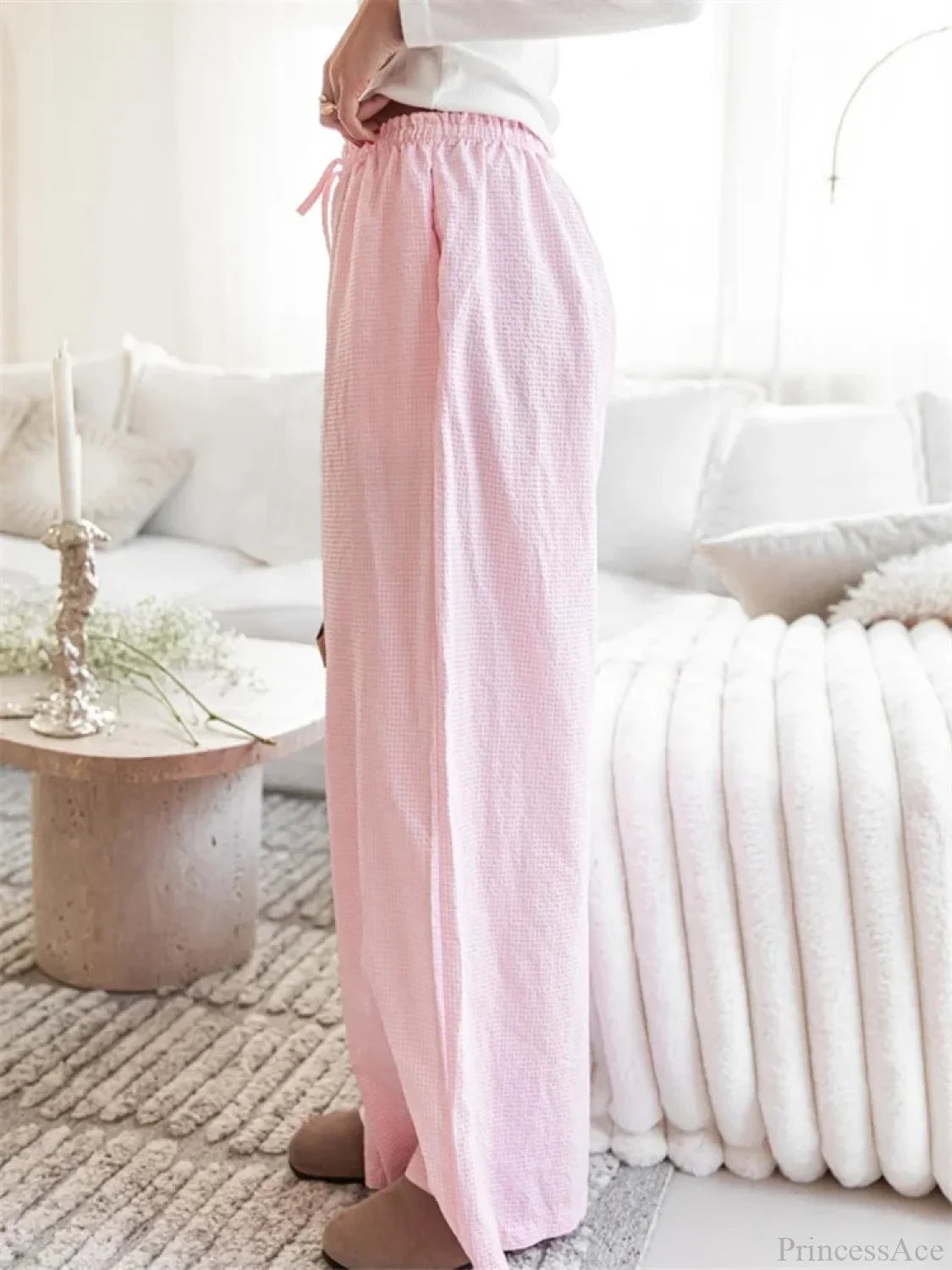 Plaid Print Drawstring Elastic Waist Loose Pant PINK / S pant-250223
