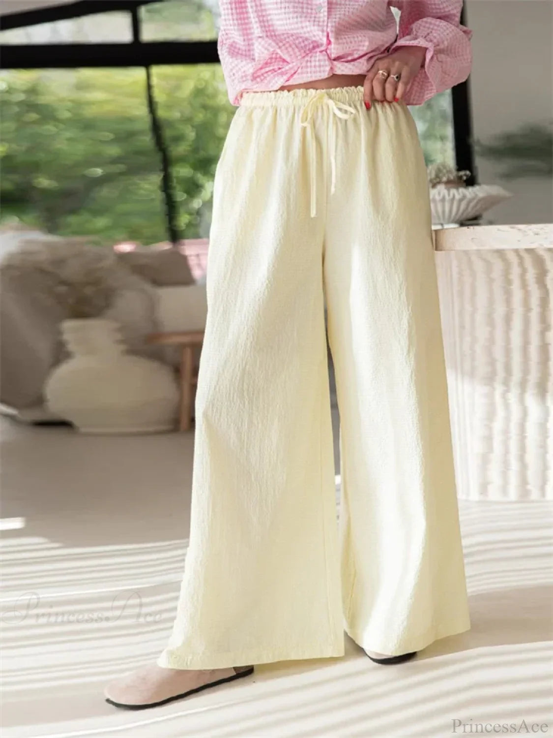 Plaid Print Drawstring Elastic Waist Loose Pant YELLLOW / S pant-250223