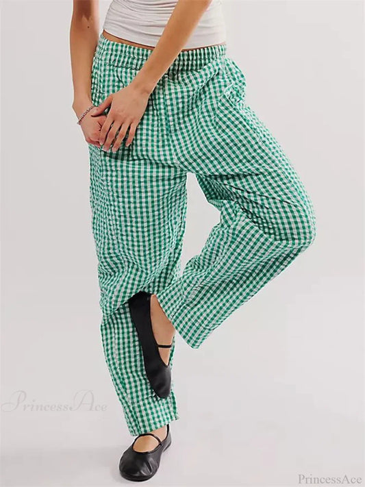 Plaid Print Elastic Waist Loose Wide Leg Pant GREEN / S pant-250223