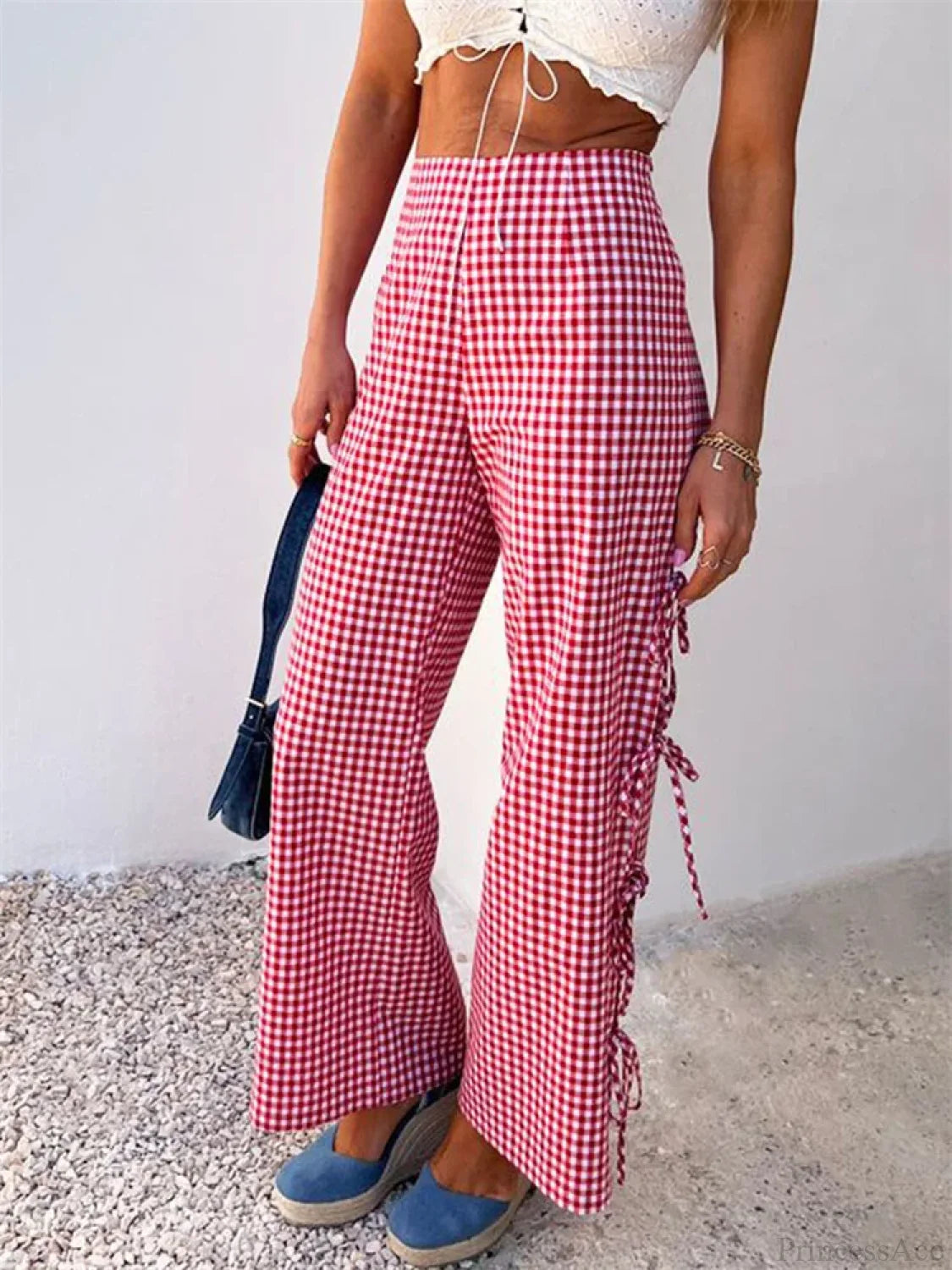 Plaid Print Lace-Up Side Hollow Casual Wide Pant pant-250223