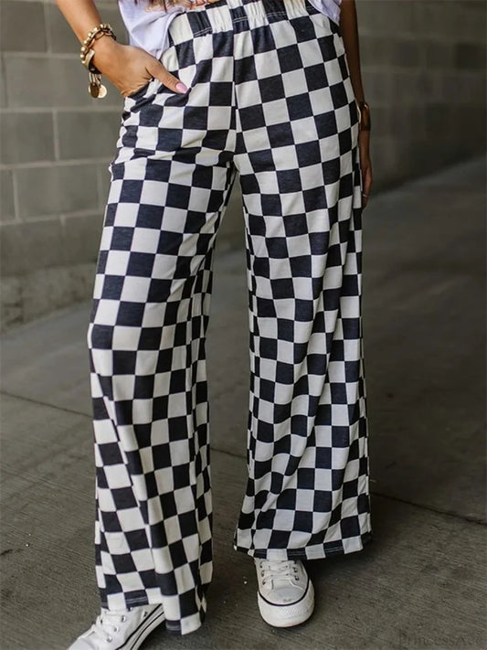 Plaid Print Wide Leg Elastic Waist Casual Pant BLACK / S pant-250223