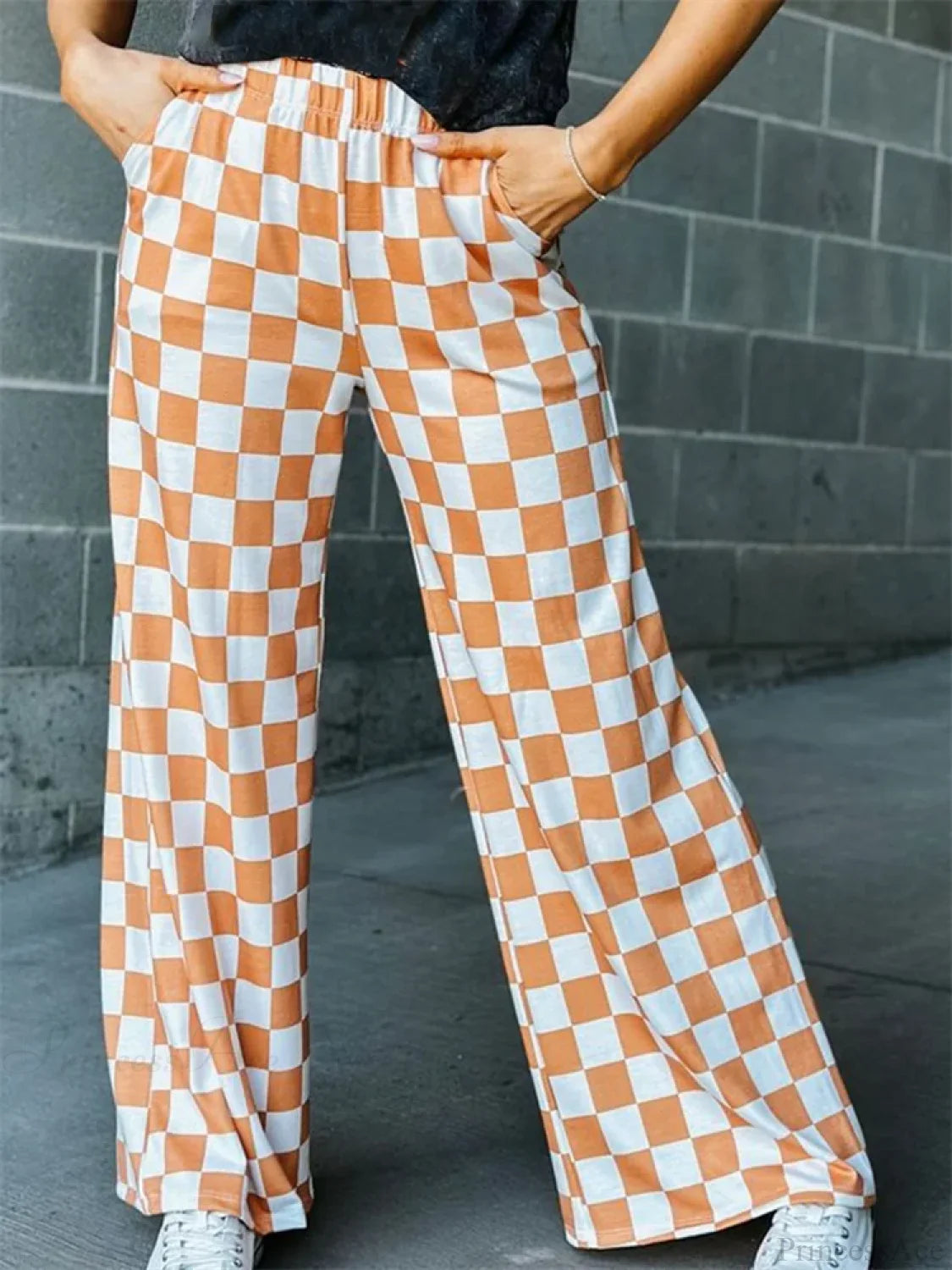 Plaid Print Wide Leg Elastic Waist Casual Pant KAHKI / S pant-250223