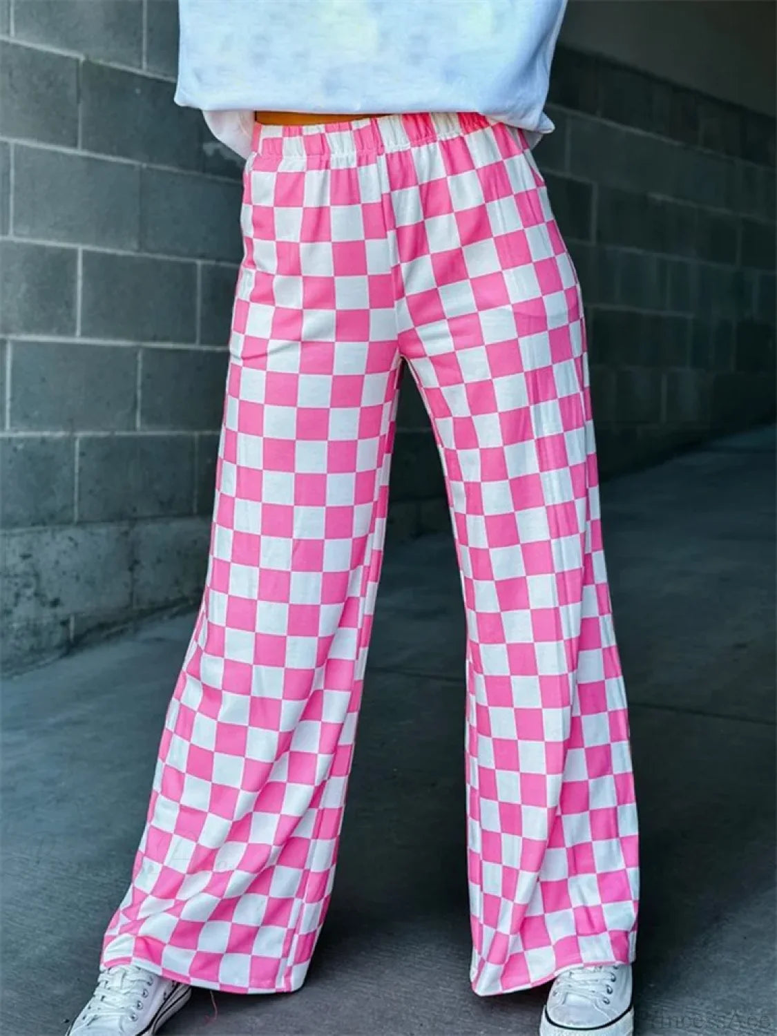 Plaid Print Wide Leg Elastic Waist Casual Pant PINK / S pant-250223