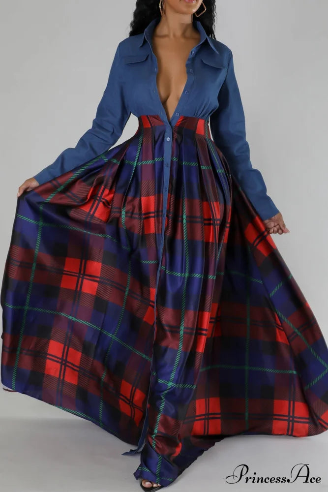 Plaid Printed Shirt Dress With Lapel Red / S Maxi Dresses