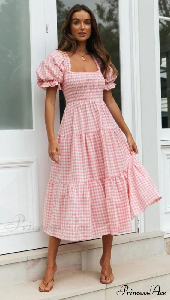 Plaid Puff Stylish Sleeve Midi Dress