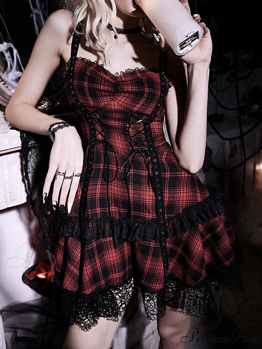 Plaid Red Prom Slip Dress Eyelet Lace Trim Double Cake Vintage Sleeveless Backless Zipper Mini