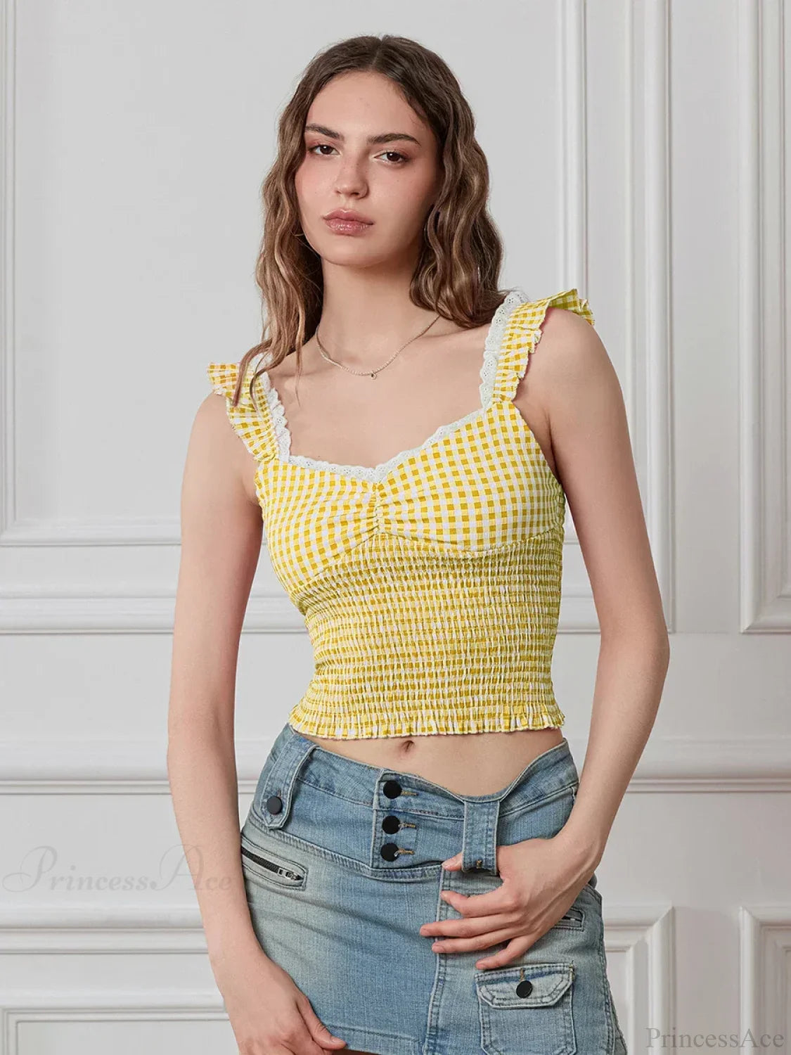 Plaid Ruffle Strap Sweetheart Lace Trim Cropped Tank Top croptop-250126