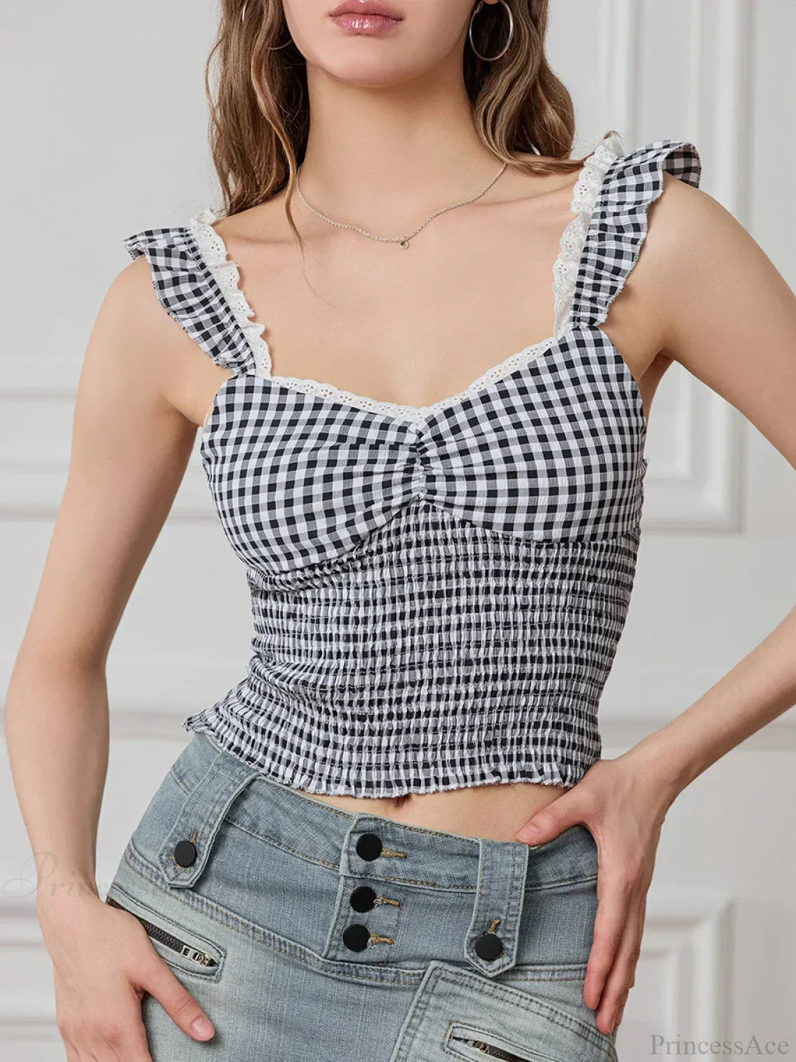 Plaid Ruffle Strap Sweetheart Lace Trim Cropped Tank Top croptop-250126
