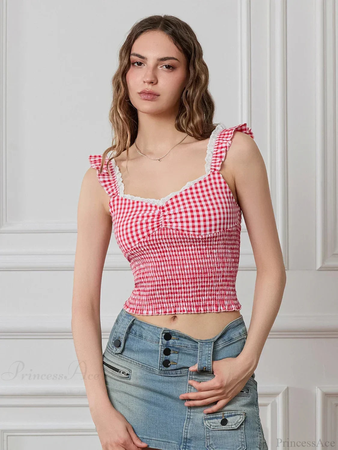 Plaid Ruffle Strap Sweetheart Lace Trim Cropped Tank Top PINK / S croptop-250126