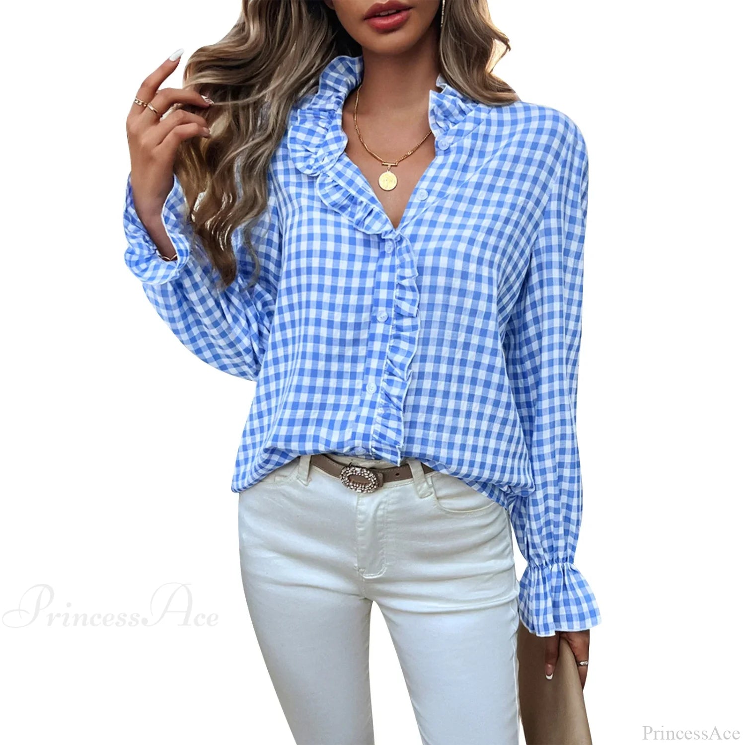 Plaid Ruffle V-neck Blouse blue / S blouse-250223