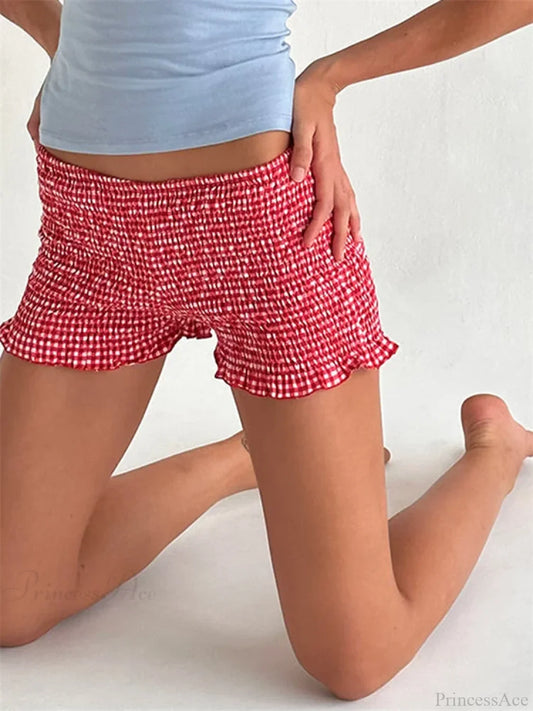 Plaid Ruffled Pajama Lounge Short red / S short-250223
