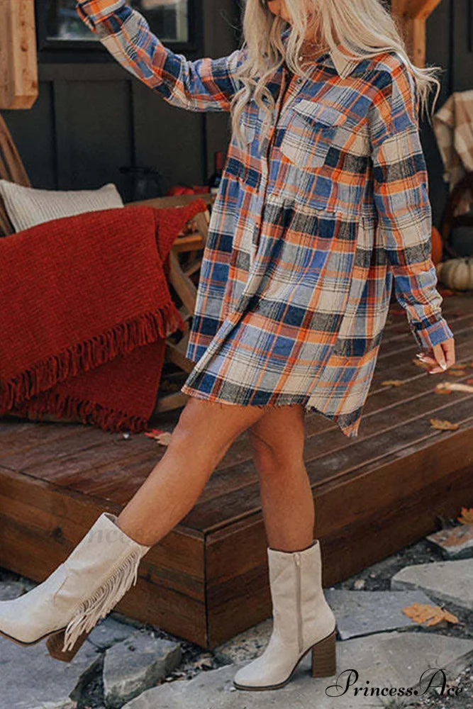 Plaid Shirt Dress With Contrast Pattern Mini Dresses