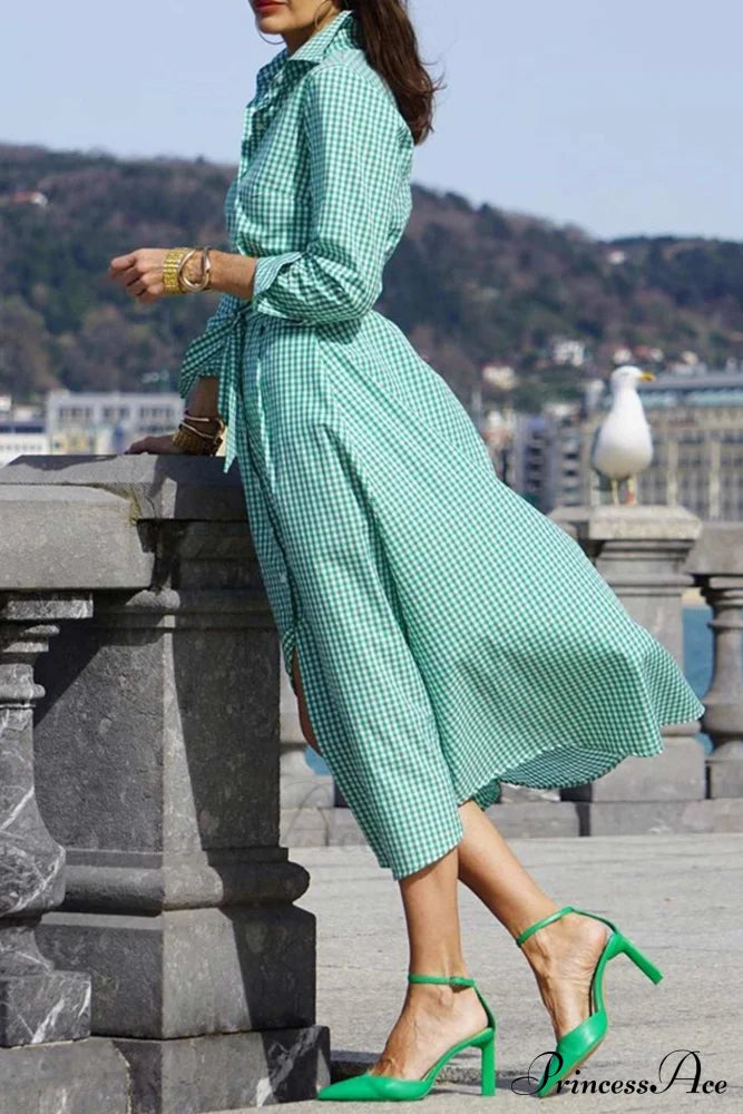 Plaid Shirt Dress With Tie-Waist Green / L Midi Dresses