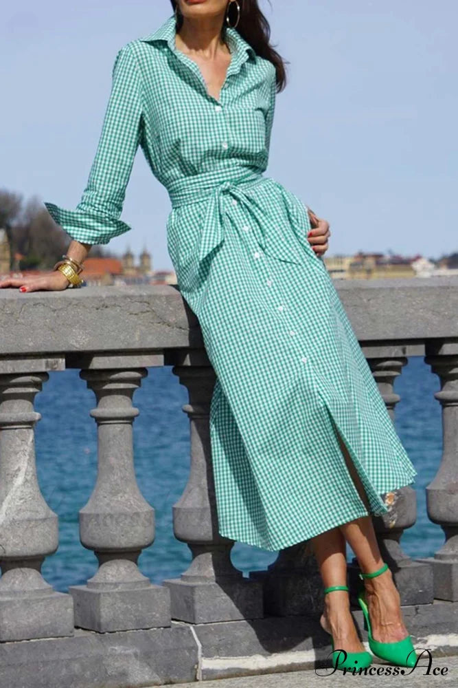 Plaid Shirt Dress With Tie-Waist Green / S Midi Dresses