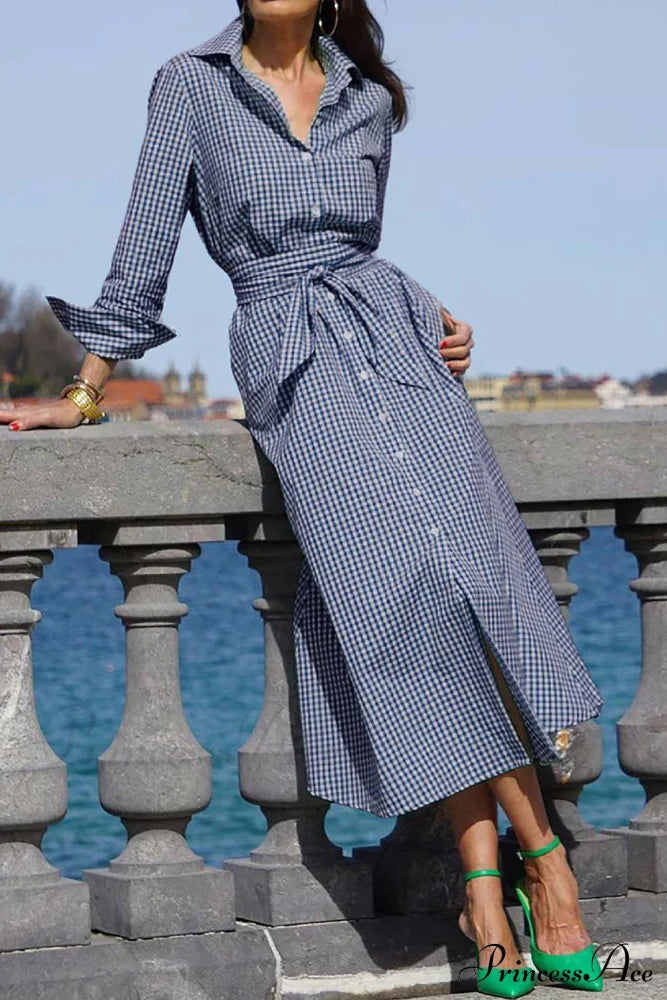 Plaid Shirt Dress With Tie-Waist Navy Blue / S Midi Dresses