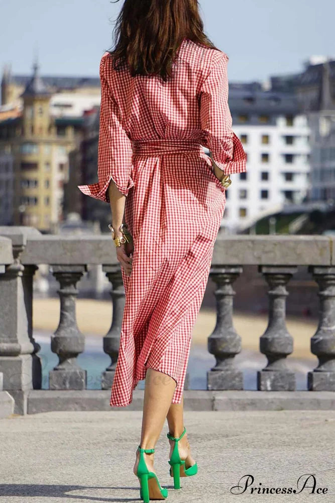 Plaid Shirt Dress With Tie-Waist Red / 2Xl Midi Dresses