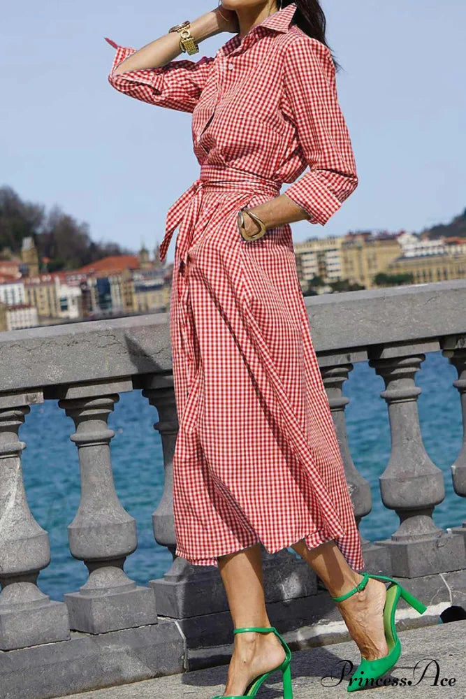 Plaid Shirt Dress With Tie-Waist Red / L Midi Dresses