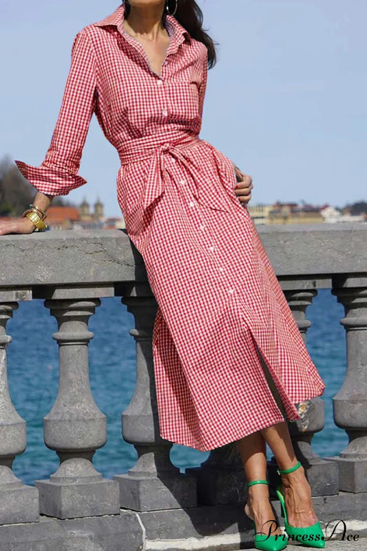 Plaid Shirt Dress With Tie-Waist Red / S Midi Dresses