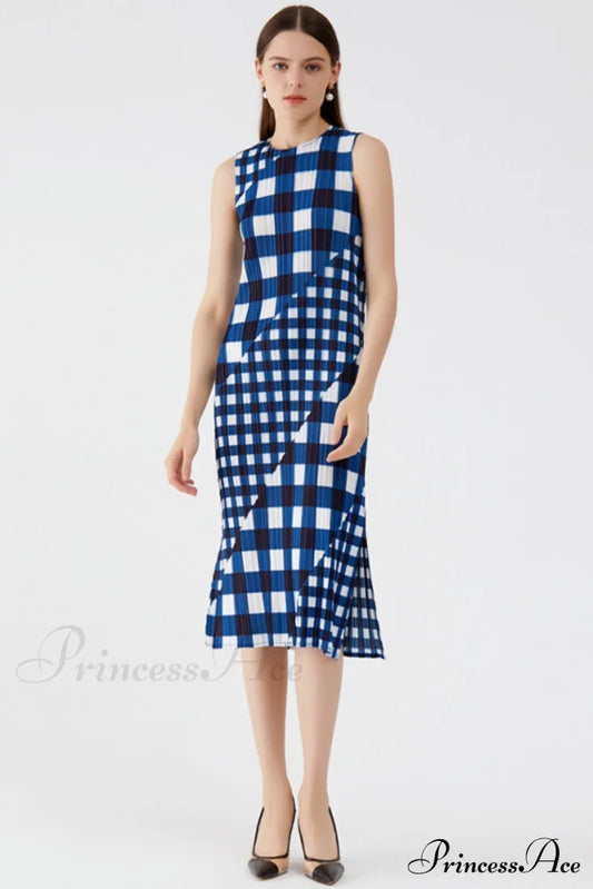 Plaid Sleeveless Pleated Dress Blue / One Size Midi Dresses