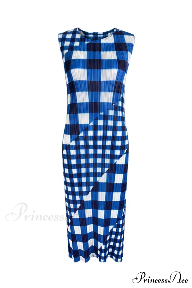 Plaid Sleeveless Pleated Dress Midi Dresses