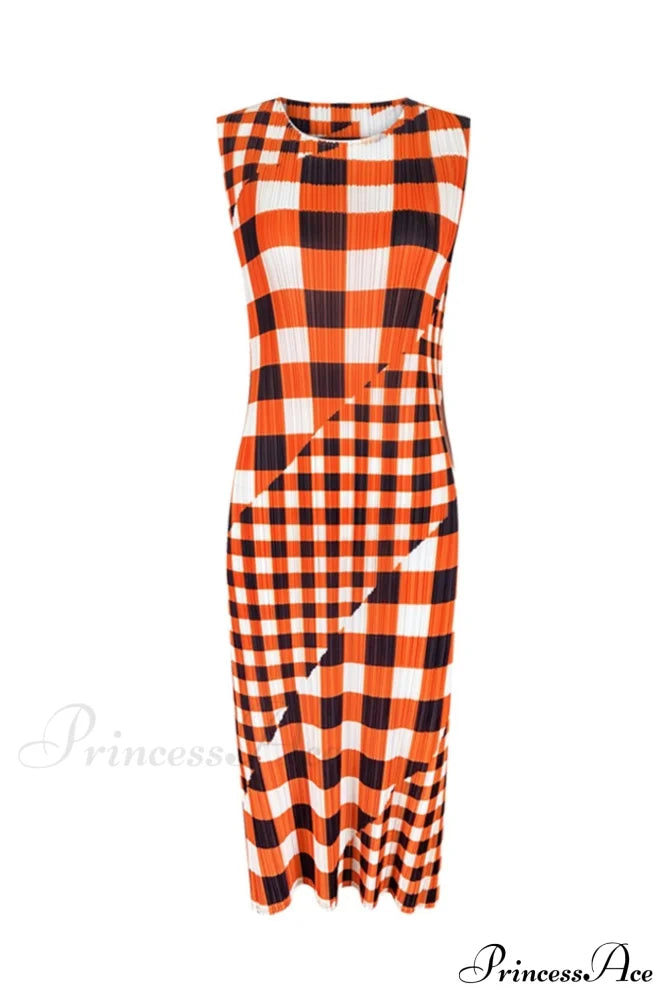 Plaid Sleeveless Pleated Dress Orange / One Size Midi Dresses