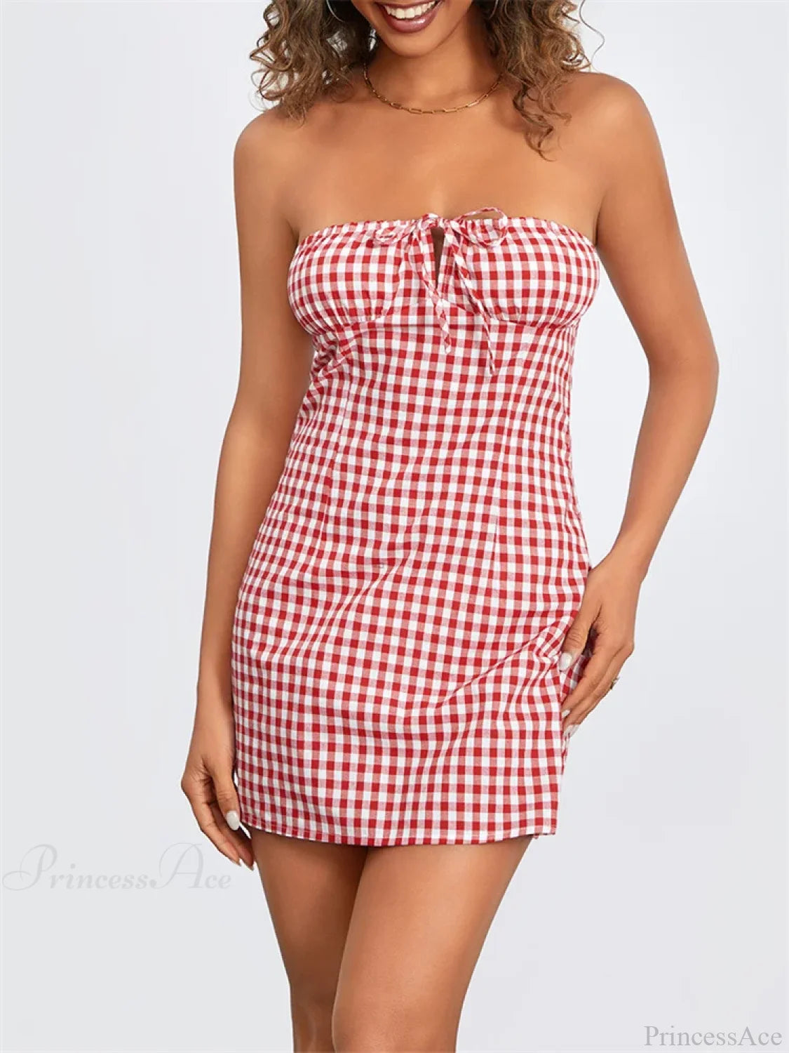 Plaid Slim-Fit Tie-Up Mini Dress red / S minidress-250223