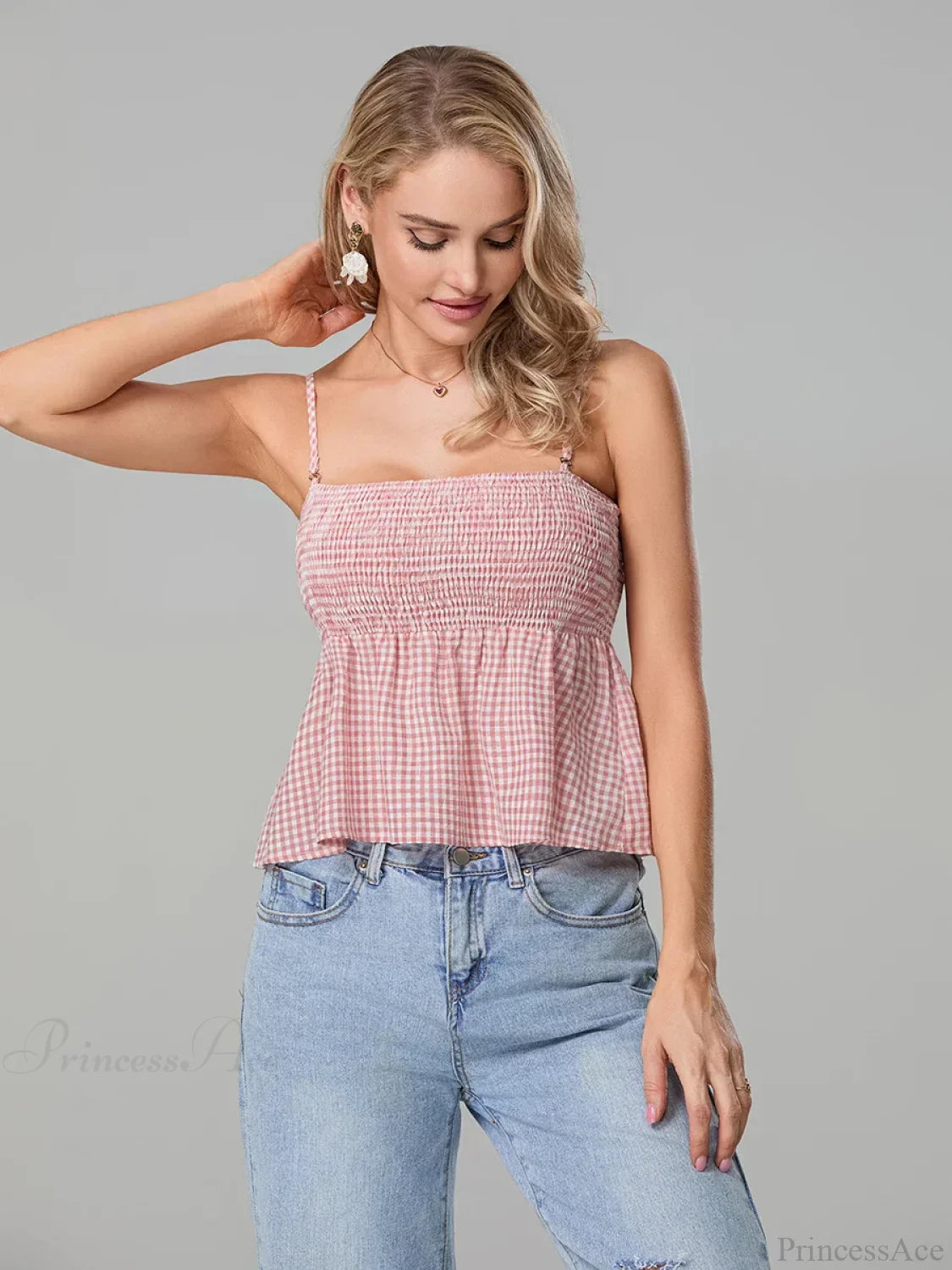 Plaid Smocked Backless Spaghetti Strap Frill Hem Crop Top croptop-250126
