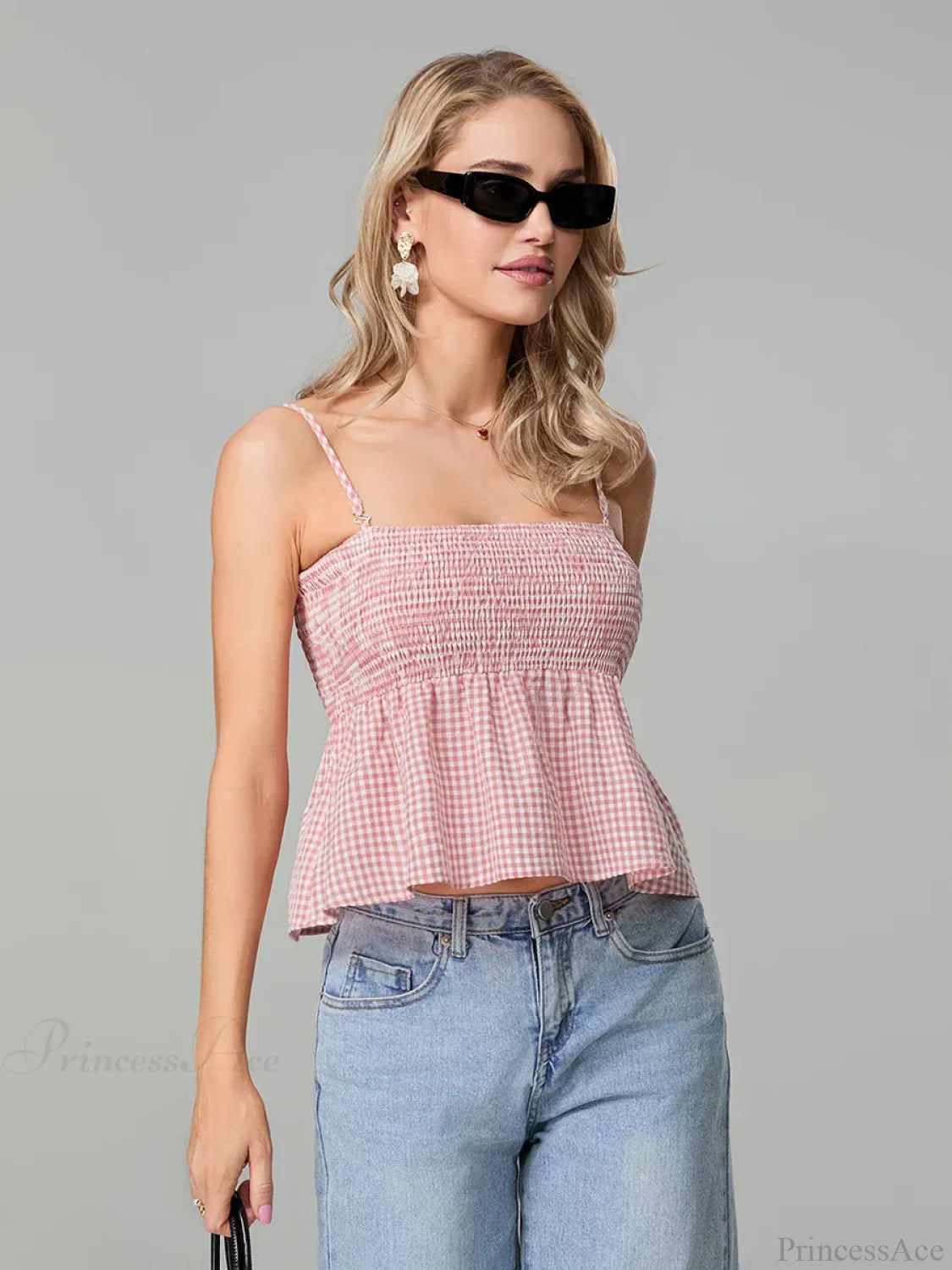 Plaid Smocked Backless Spaghetti Strap Frill Hem Crop Top croptop-250126