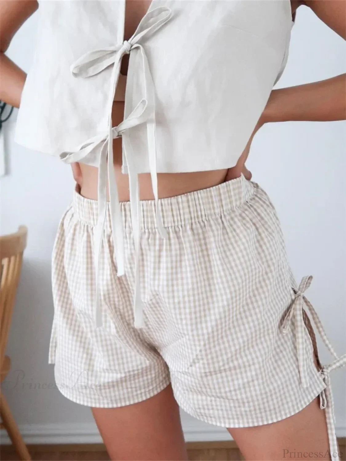 Plaid Split Lace-Up HolLow Short short-250223