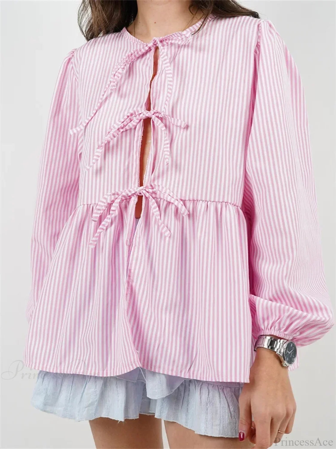 Plaid Stripe Front Tie-up Long Sleeve Blouse blouse-250126