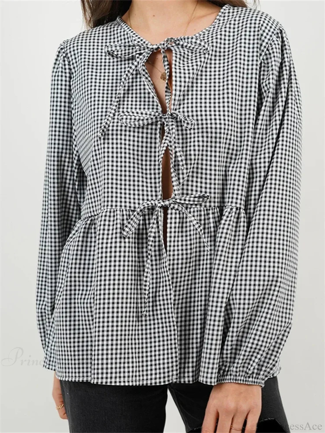 Plaid Stripe Front Tie-up Long Sleeve Blouse Black / S blouse-250126