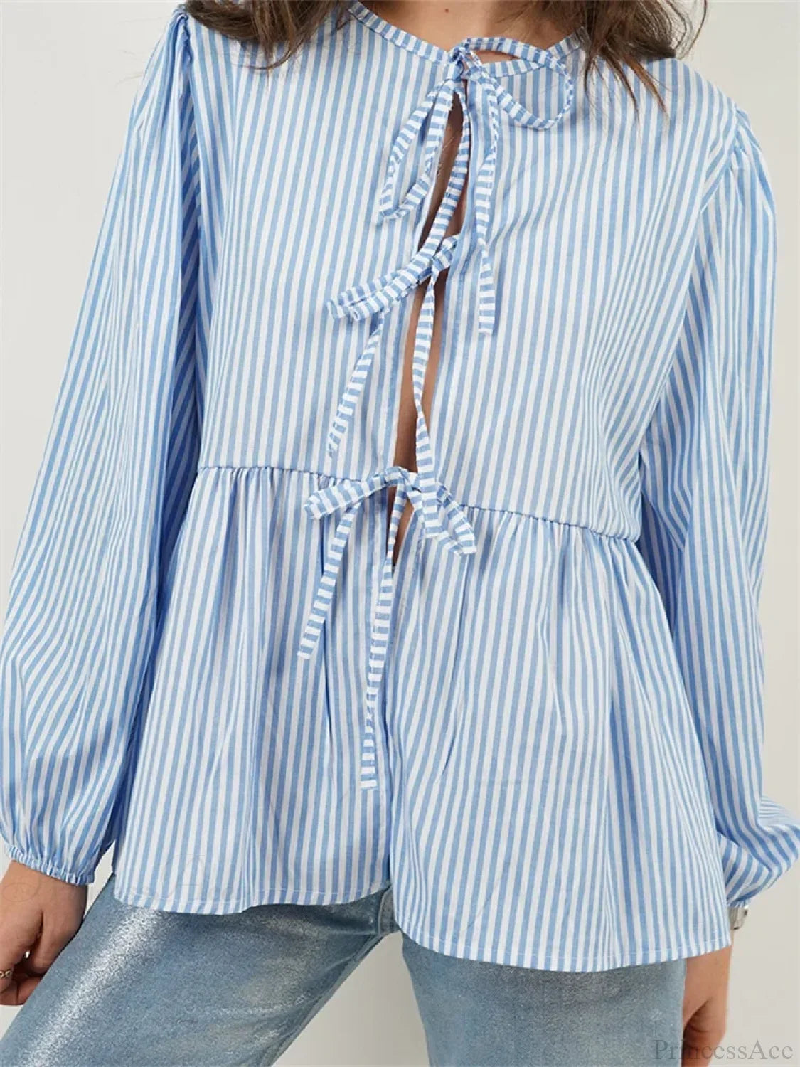 Plaid Stripe Front Tie-up Long Sleeve Blouse Blue / S blouse-250126
