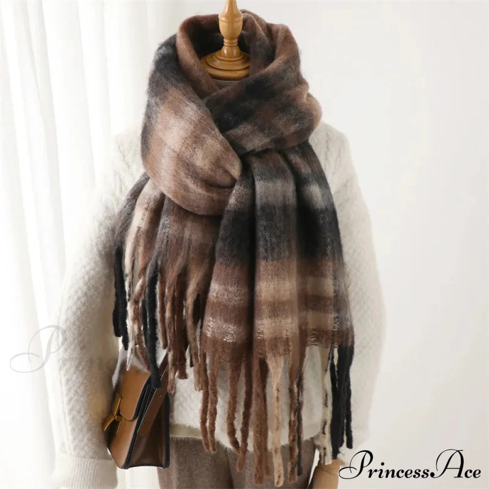 Plaid Striped Imitate Cashmere Outdoor Woman Scarf - Keep Warm And Soft Thick Coffee Black /