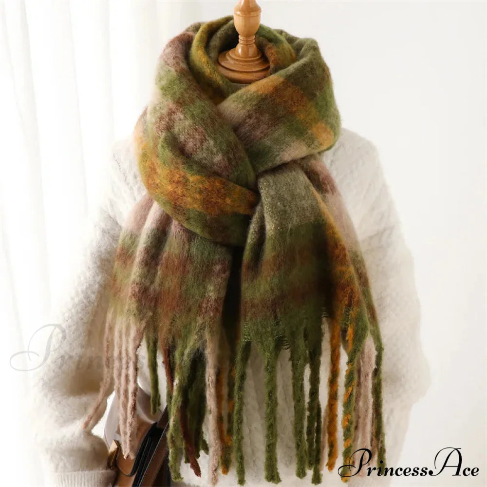 Plaid Striped Imitate Cashmere Outdoor Woman Scarf - Keep Warm And Soft Thick Green / 220X52Cm