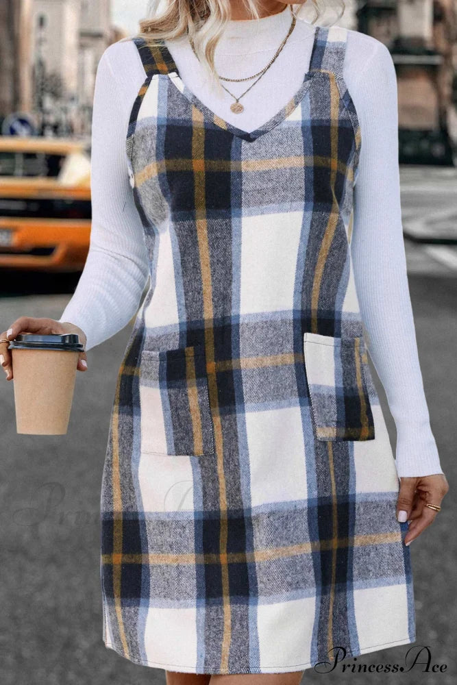 Plaid Tank Dress With V Neck Blue Coffee / L Mini Dresses