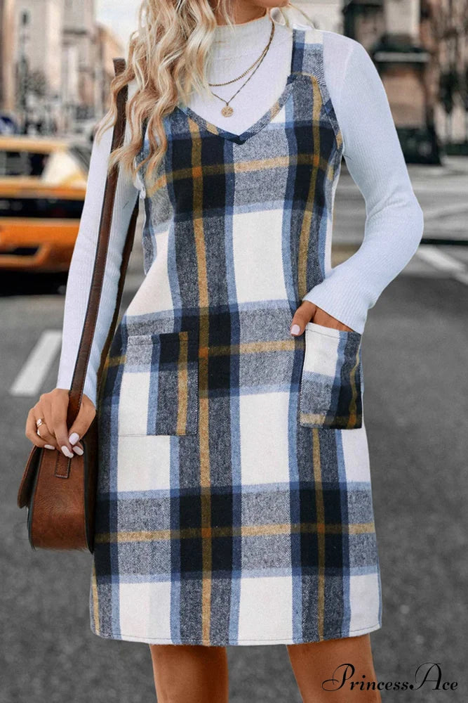 Plaid Tank Dress With V Neck Blue Coffee / M Mini Dresses