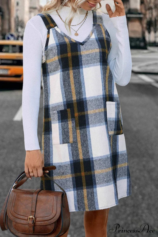 Plaid Tank Dress With V Neck Blue Coffee / S Mini Dresses