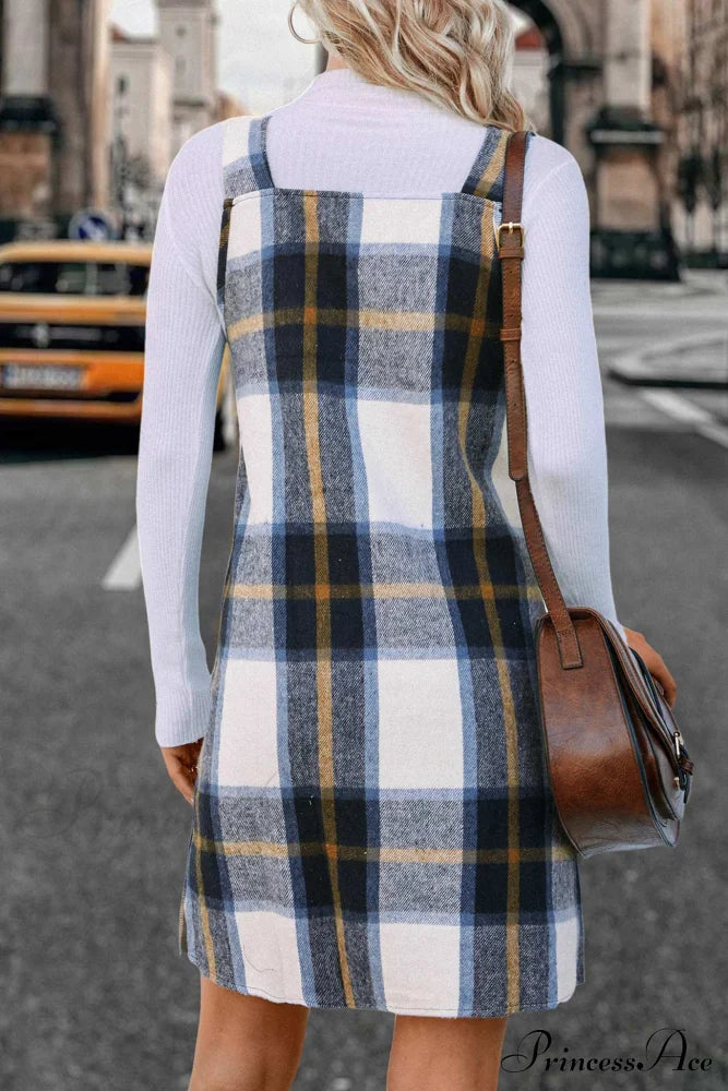 Plaid Tank Dress With V Neck Blue Coffee / Xl Mini Dresses