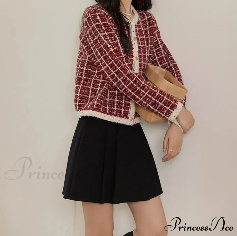 Plaid Tweed Retro Red O-Neck Cardigan Cardigan-241208