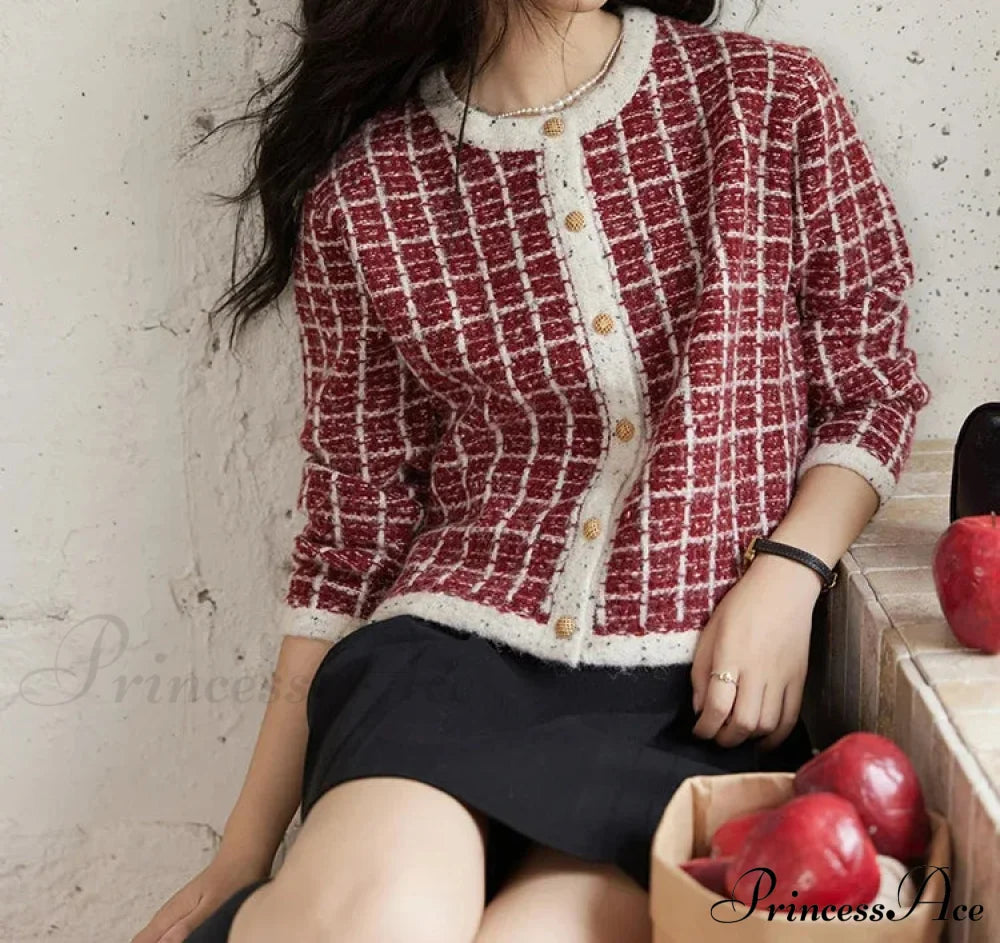 Plaid Tweed Retro Red O-Neck Cardigan / One Size Cardigan-241208